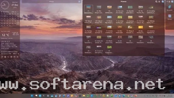 The Widget Configuration menu illustrating customizable clock, calendar, weather, and system performance monitors.